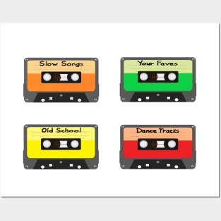 Mixtapes Pack. Set of Four Retro Cassette Mix Tapes in Vintage Colors. Slow Songs, Your Faves, Old School and Dance Tracks. (White Background) Posters and Art